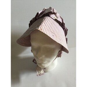Vtg 1960's Cotton Prairie Bonnet Button Scallop Edges Purple And White Gingham